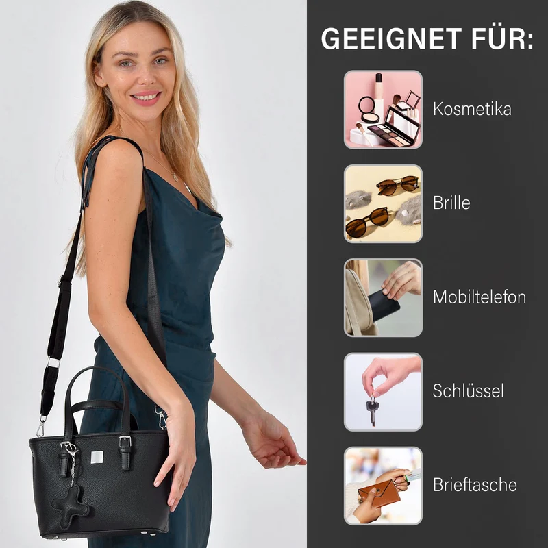Crossbody Bag - Stilvoll und vielseitig mit großzügigem Stauraum und Designer-Anhänger in Kreuzform, 23x11x19 cm, Schwarz