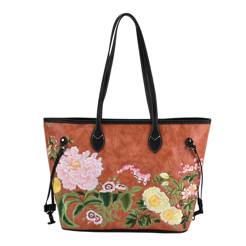 Bestickter Shopper, Kunstleder, Blumen Design, 46 x 15 x 28 cm, Rot