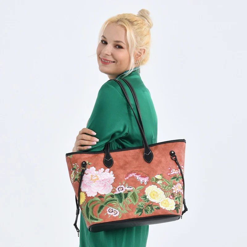 Bestickter Shopper, Kunstleder, Blumen Design, 46 x 15 x 28 cm, Rot