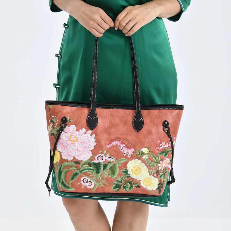 Bestickter Shopper, Kunstleder, Blumen Design, 46 x 15 x 28 cm, Rot