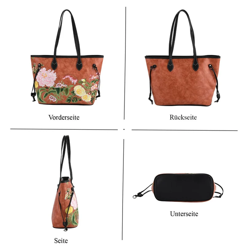 Bestickter Shopper, Kunstleder, Blumen Design, 46 x 15 x 28 cm, Rot