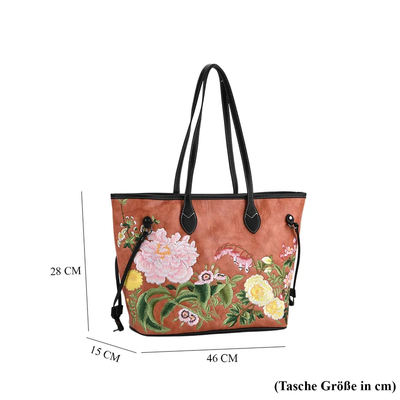 Bestickter Shopper, Kunstleder, Blumen Design, 46 x 15 x 28 cm, Rot