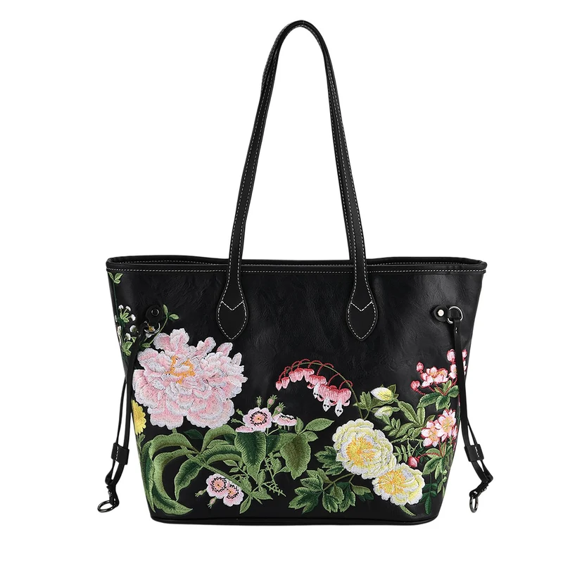 Bestickter Shopper, Kunstleder, Blumen Design, 46 x 15 x 28 cm, Rot