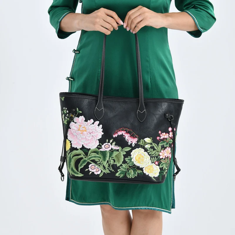 Bestickter Shopper, Kunstleder, Blumen Design, 46 x 15 x 28 cm, Rot