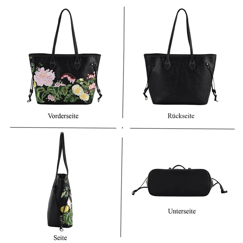 Bestickter Shopper, Kunstleder, Blumen Design, 46 x 15 x 28 cm, Rot