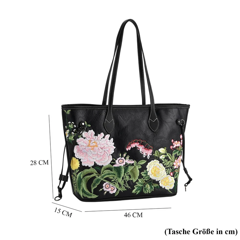 Bestickter Shopper, Kunstleder, Blumen Design, 46 x 15 x 28 cm, Rot