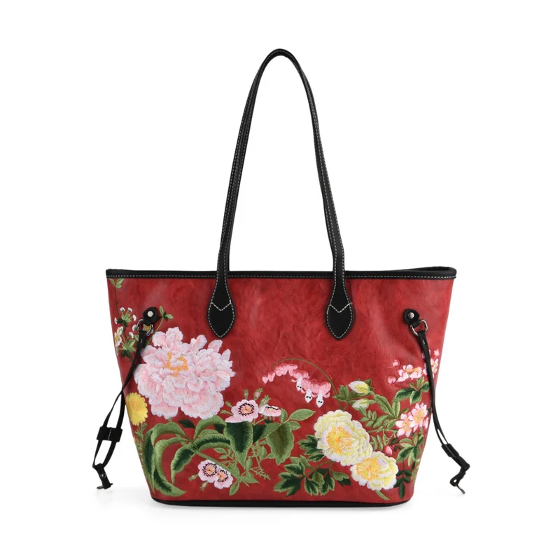 Bestickter Shopper, Kunstleder, Blumen Design, 46 x 15 x 28 cm, Rot