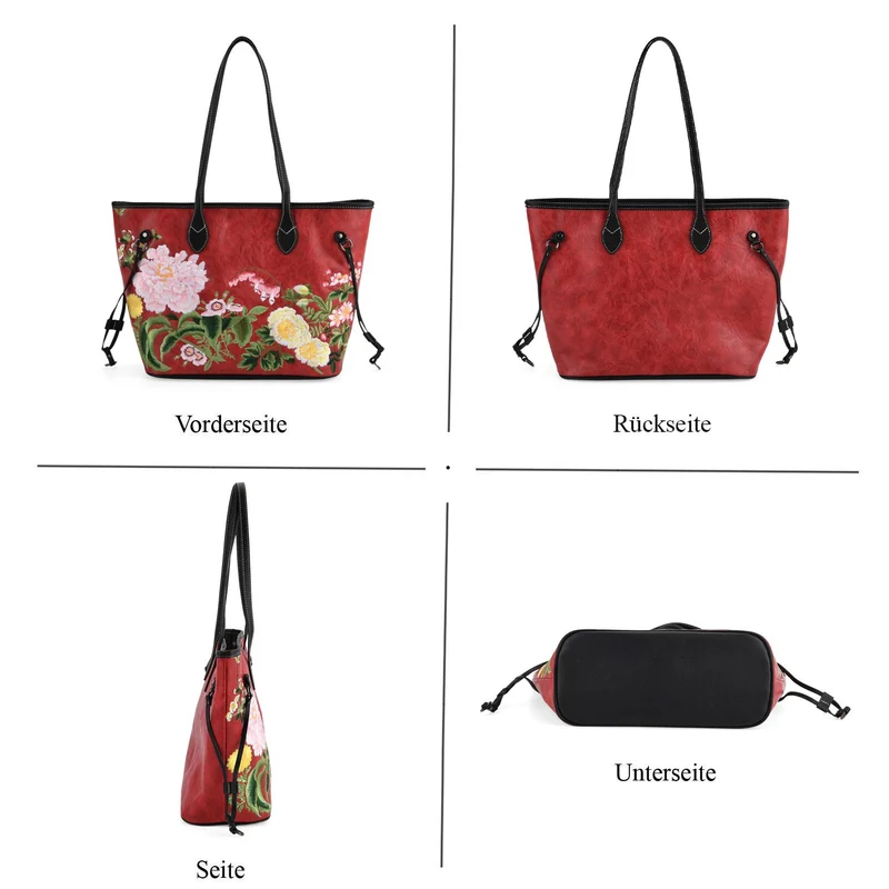 Bestickter Shopper, Kunstleder, Blumen Design, 46 x 15 x 28 cm, Rot