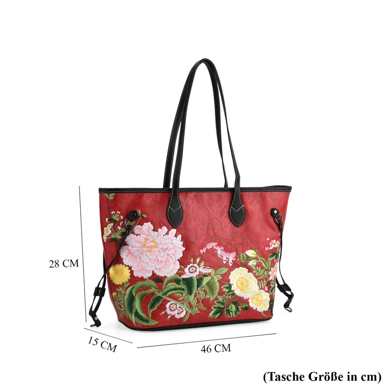 Bestickter Shopper, Kunstleder, Blumen Design, 46 x 15 x 28 cm, Rot