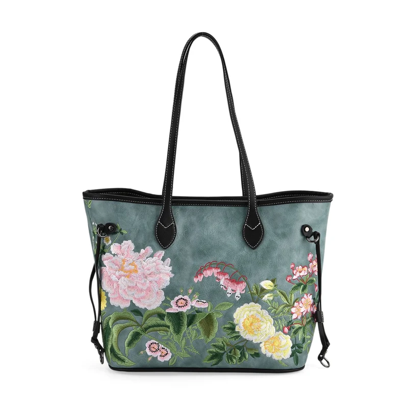 Bestickter Shopper, Kunstleder, Blumen Design, 46 x 15 x 28 cm, Rot