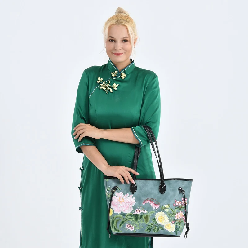 Bestickter Shopper, Kunstleder, Blumen Design, 46 x 15 x 28 cm, Rot