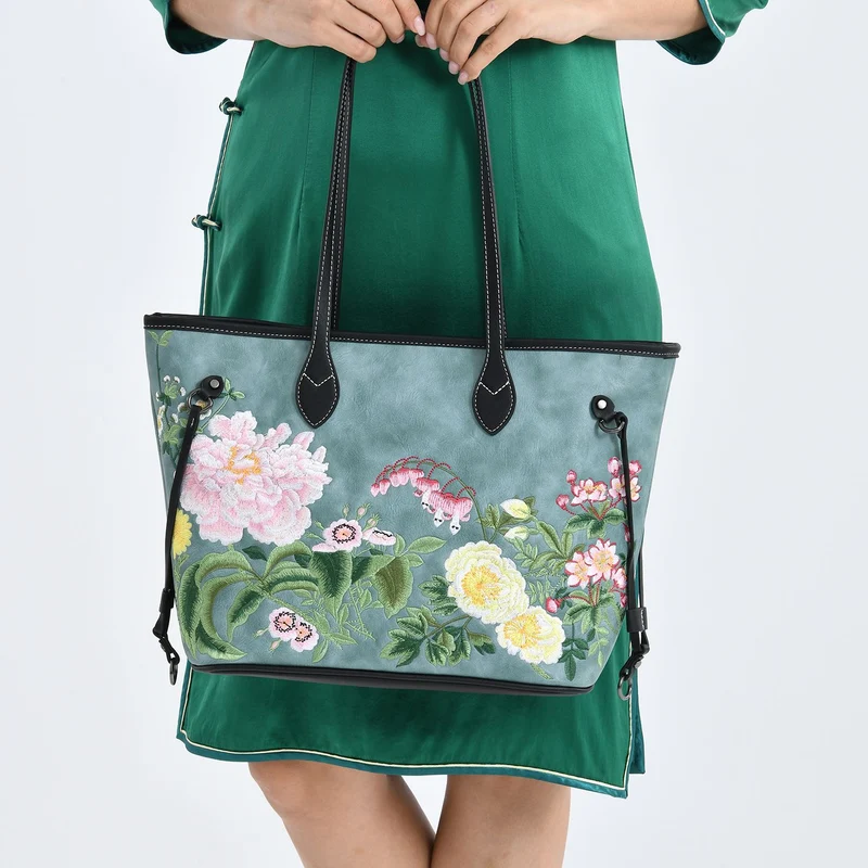 Bestickter Shopper, Kunstleder, Blumen Design, 46 x 15 x 28 cm, Rot