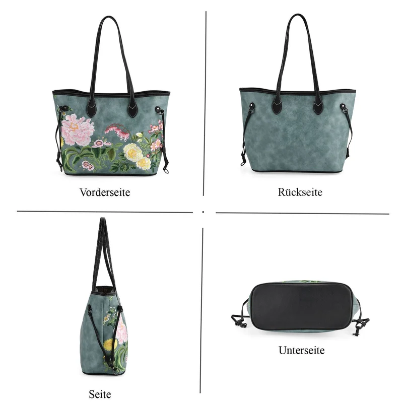 Bestickter Shopper, Kunstleder, Blumen Design, 46 x 15 x 28 cm, Rot