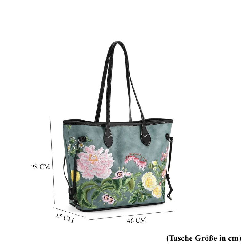 Bestickter Shopper, Kunstleder, Blumen Design, 46 x 15 x 28 cm, Rot