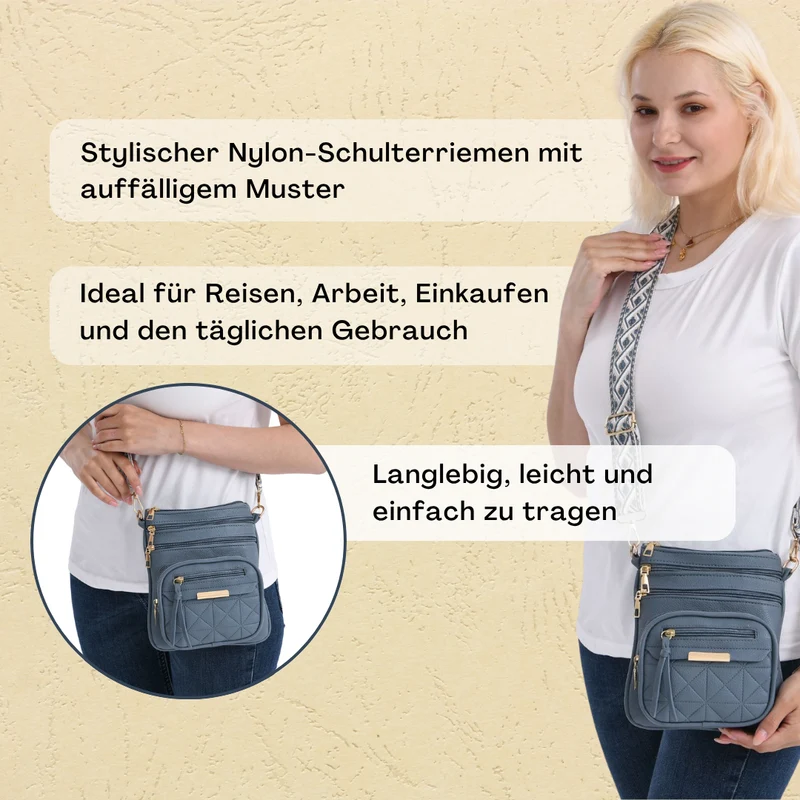 Crossbody-Tasche mit mehreren Fächern, 19x22?cm, Rot-Grau mit gemustertem Schultergurt, rot