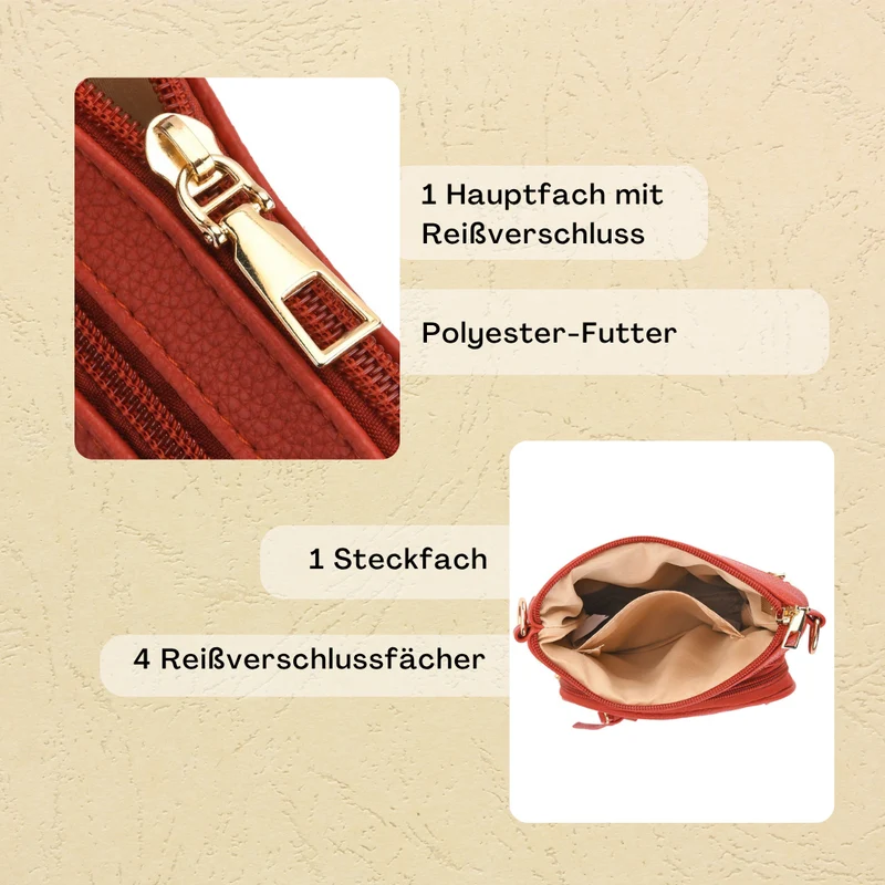Crossbody-Tasche mit mehreren Fächern, 19x22?cm, Rot-Grau mit gemustertem Schultergurt, rot