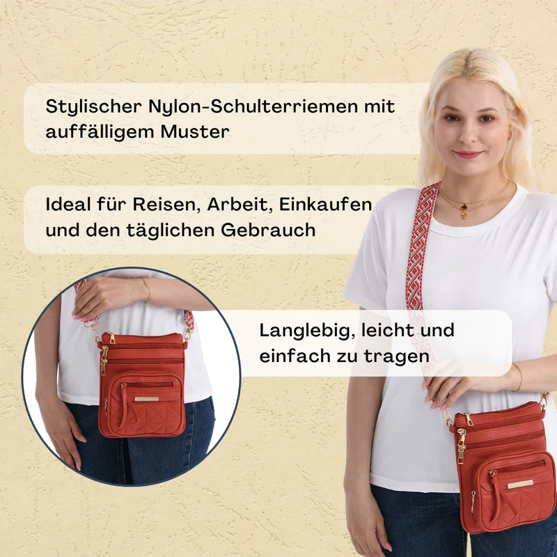 Crossbody-Tasche mit mehreren Fächern, 19x22?cm, Rot-Grau mit gemustertem Schultergurt, rot