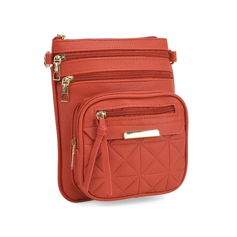 Crossbody-Tasche mit mehreren Fächern, 19x22?cm, Rot-Grau mit gemustertem Schultergurt, rot