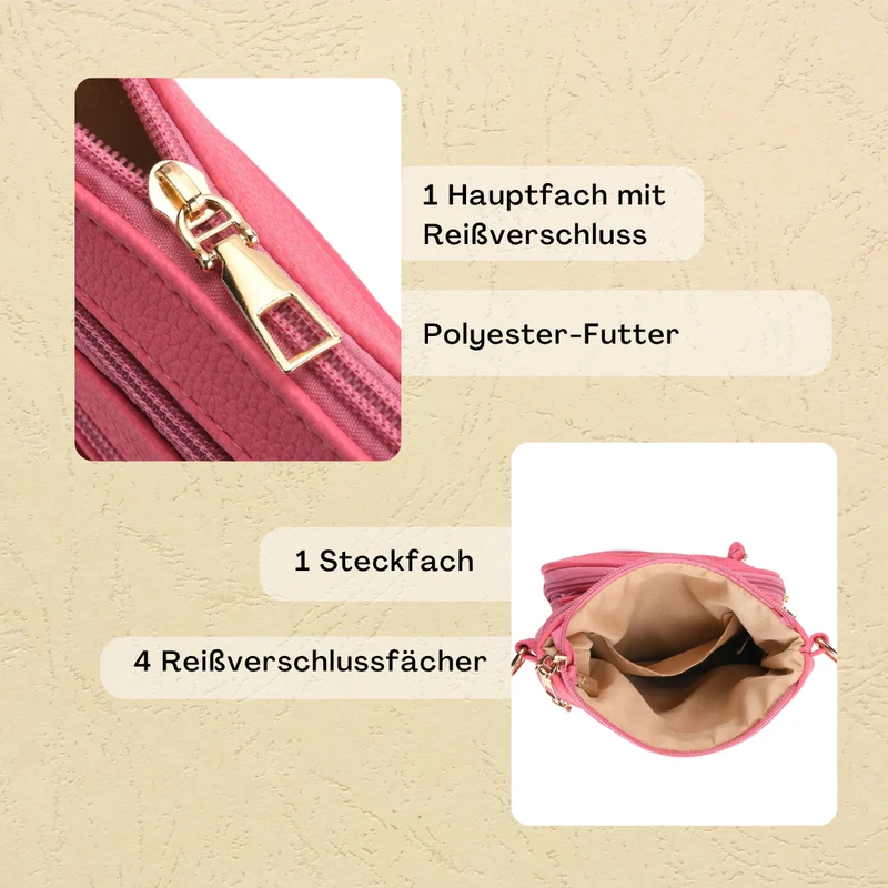 Crossbody-Tasche mit mehreren Fächern, 19x22?cm, Rot-Grau mit gemustertem Schultergurt, rot