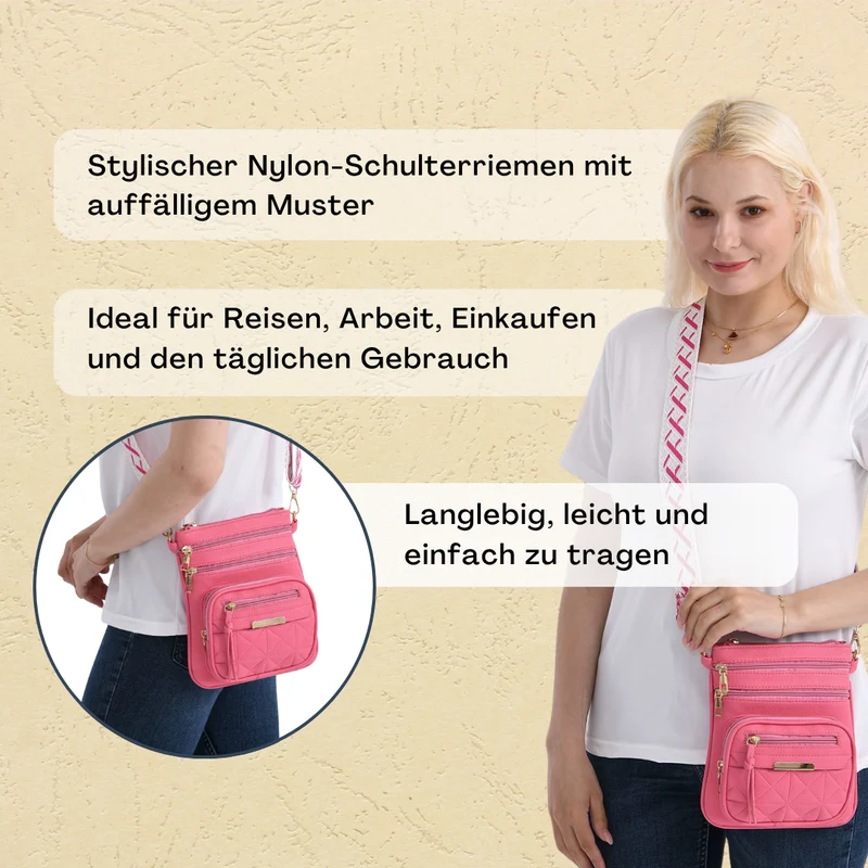 Crossbody-Tasche mit mehreren Fächern, 19x22?cm, Rot-Grau mit gemustertem Schultergurt, rot
