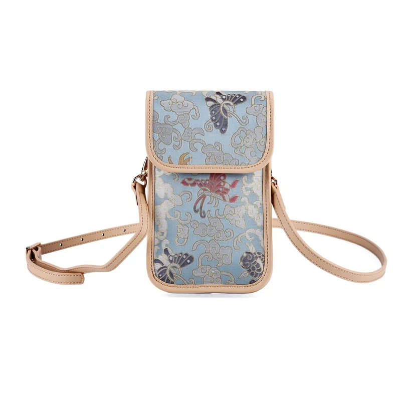 LA MAREY Signature Brokat Echtleder Handytasche, Kartenfach und 2 Innenfächer, 12 x 19 x 3 cm, Beige