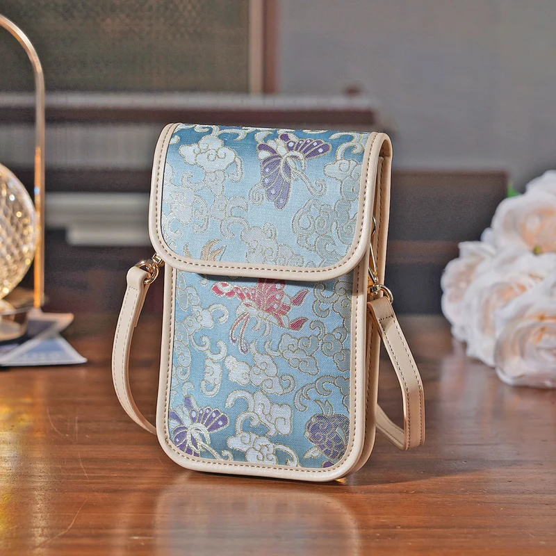 LA MAREY Signature Brokat Echtleder Handytasche, Kartenfach und 2 Innenfächer, 12 x 19 x 3 cm, Beige