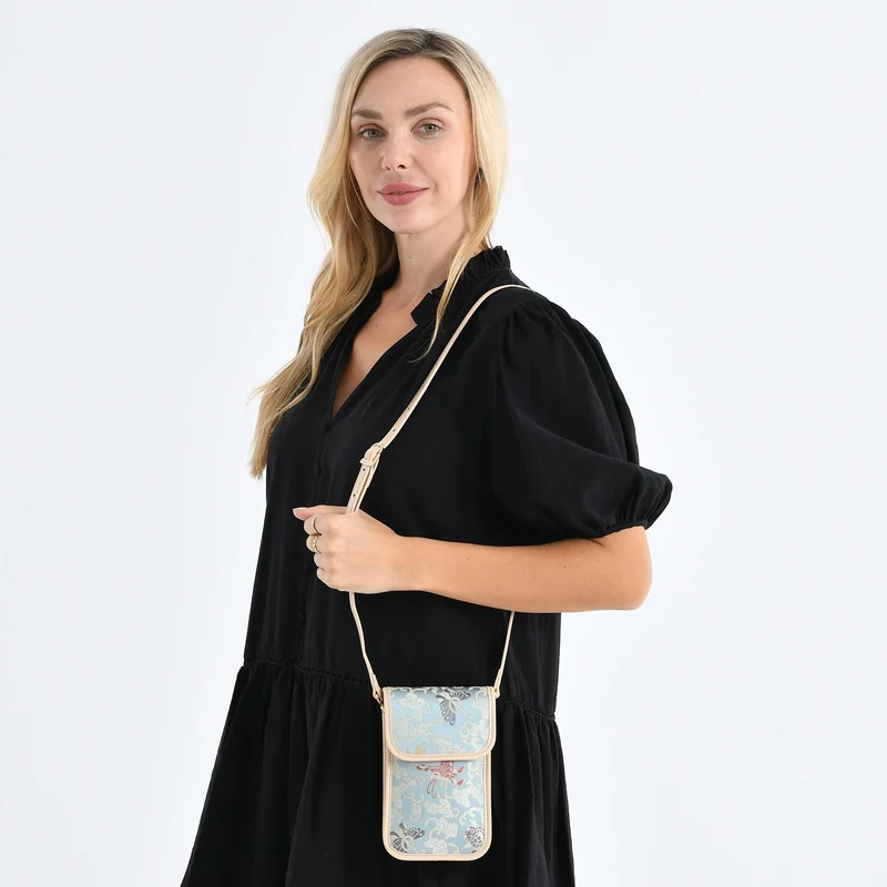 LA MAREY Signature Brokat Echtleder Handytasche, Kartenfach und 2 Innenfächer, 12 x 19 x 3 cm, Beige