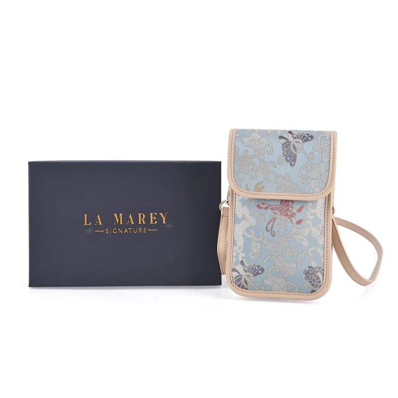 LA MAREY Signature Brokat Echtleder Handytasche, Kartenfach und 2 Innenfächer, 12 x 19 x 3 cm, Beige