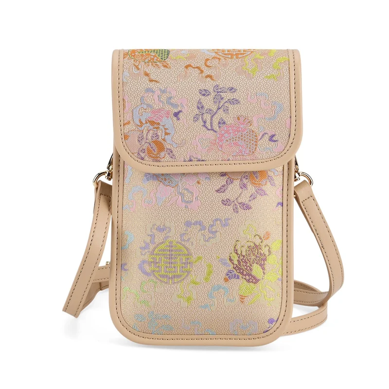 LA MAREY Signature Brokat Echtleder Handytasche, Kartenfach und 2 Innenfächer, 12 x 19 x 3 cm, Beige