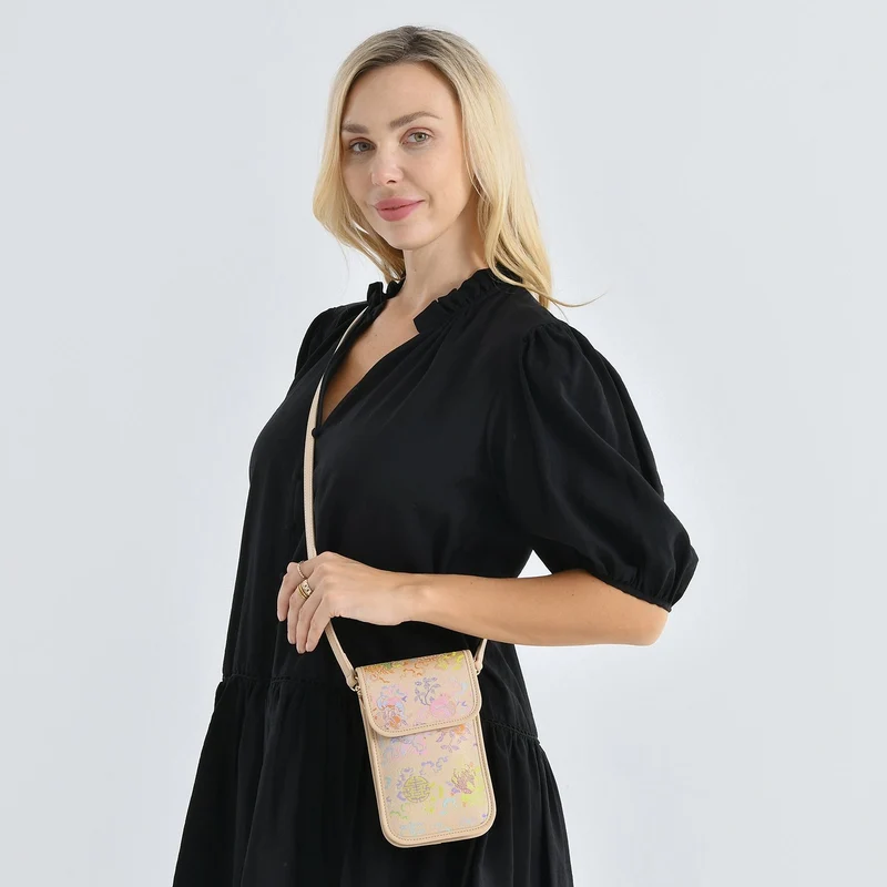 LA MAREY Signature Brokat Echtleder Handytasche, Kartenfach und 2 Innenfächer, 12 x 19 x 3 cm, Beige