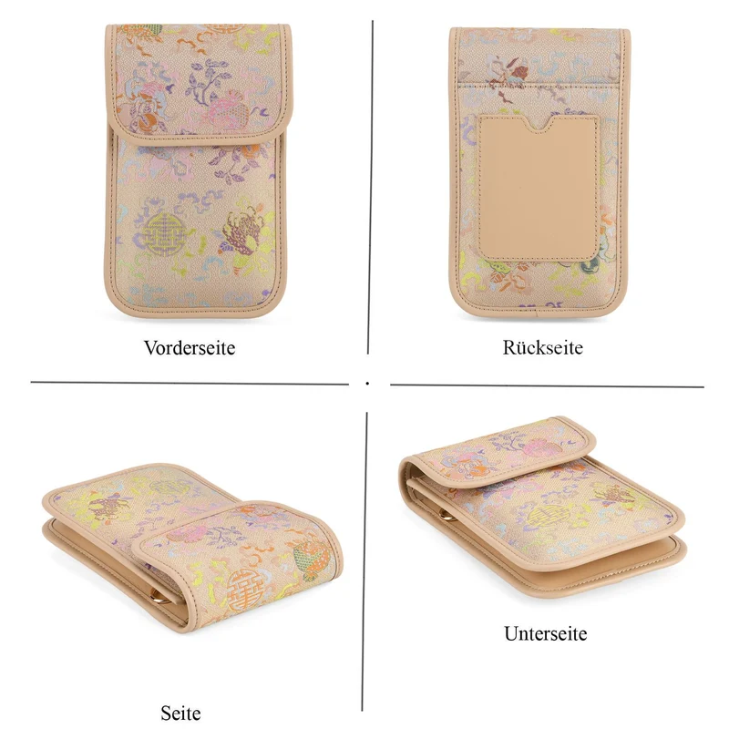 LA MAREY Signature Brokat Echtleder Handytasche, Kartenfach und 2 Innenfächer, 12 x 19 x 3 cm, Beige