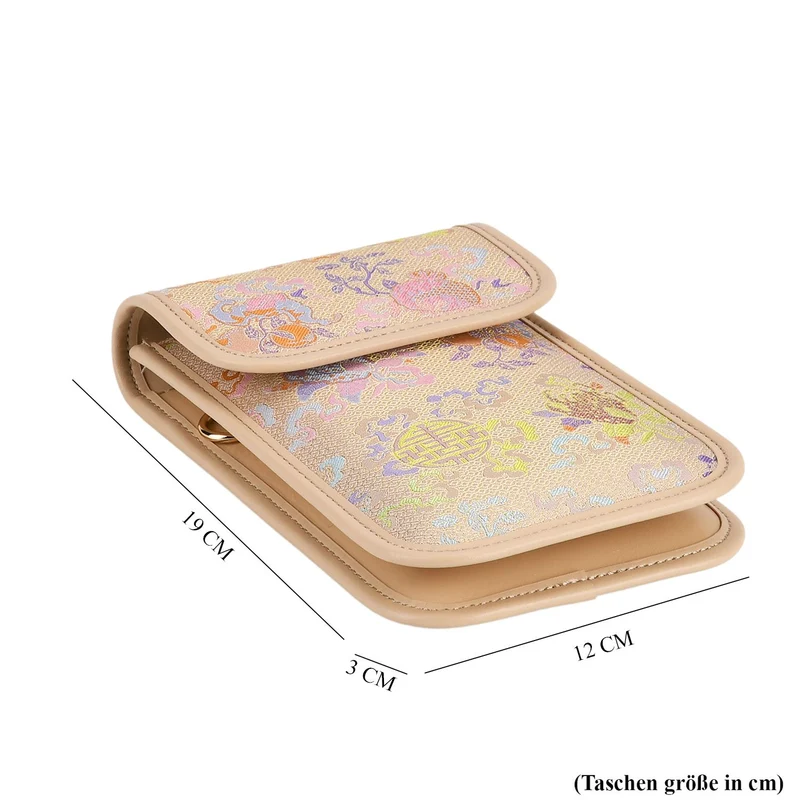 LA MAREY Signature Brokat Echtleder Handytasche, Kartenfach und 2 Innenfächer, 12 x 19 x 3 cm, Beige