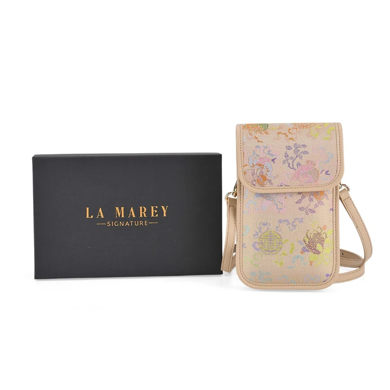 LA MAREY Signature Brokat Echtleder Handytasche, Kartenfach und 2 Innenfächer, 12 x 19 x 3 cm, Beige