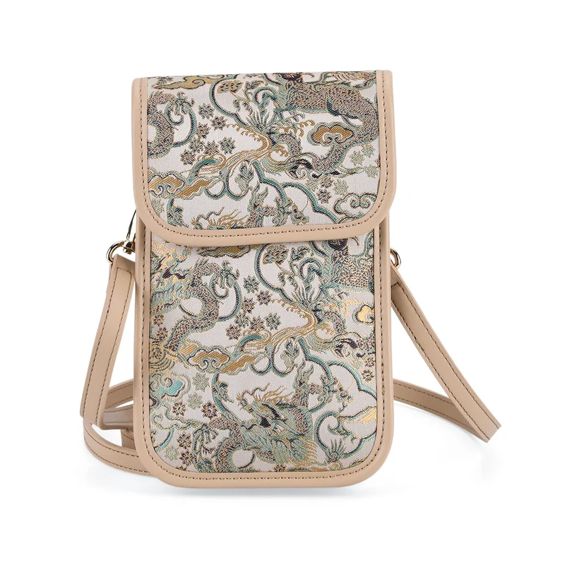 LA MAREY Signature Brokat Echtleder Handytasche, Kartenfach und 2 Innenfächer, 12 x 19 x 3 cm, Beige
