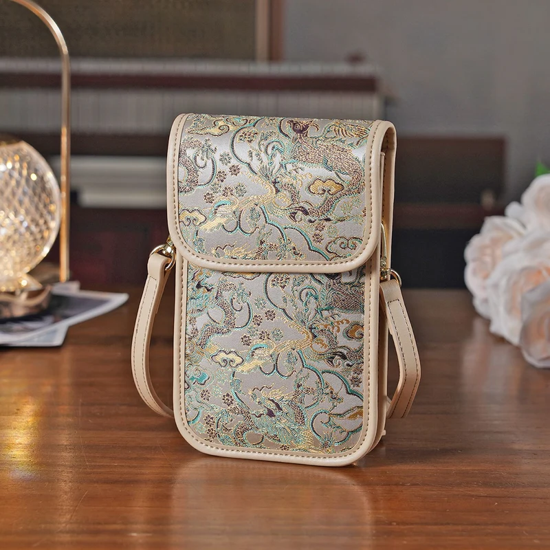 LA MAREY Signature Brokat Echtleder Handytasche, Kartenfach und 2 Innenfächer, 12 x 19 x 3 cm, Beige