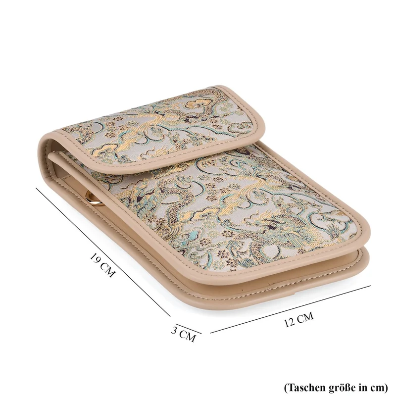 LA MAREY Signature Brokat Echtleder Handytasche, Kartenfach und 2 Innenfächer, 12 x 19 x 3 cm, Beige