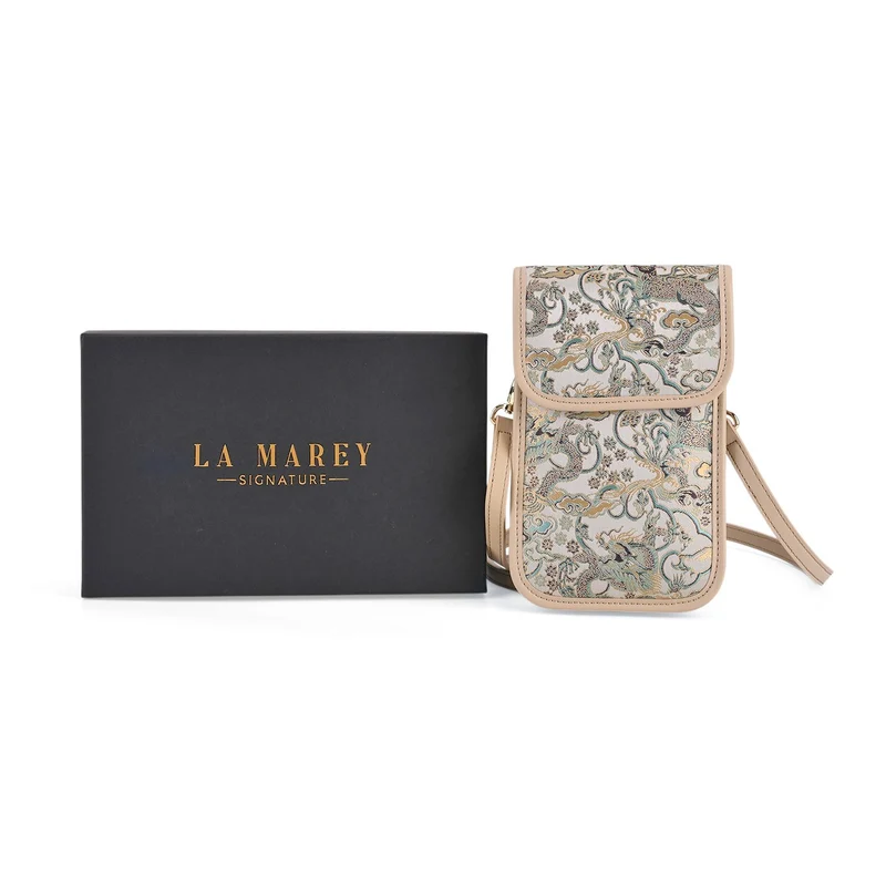 LA MAREY Signature Brokat Echtleder Handytasche, Kartenfach und 2 Innenfächer, 12 x 19 x 3 cm, Beige