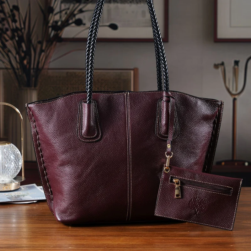 2er-Set Echtleder-Shopper, stilvolle Handtaschen mit passendem Reißverschluss-Etui, Bordeaux