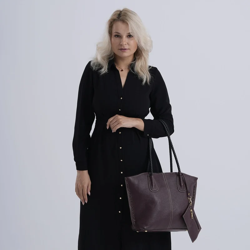 2er-Set Echtleder-Shopper, stilvolle Handtaschen mit passendem Reißverschluss-Etui, Bordeaux