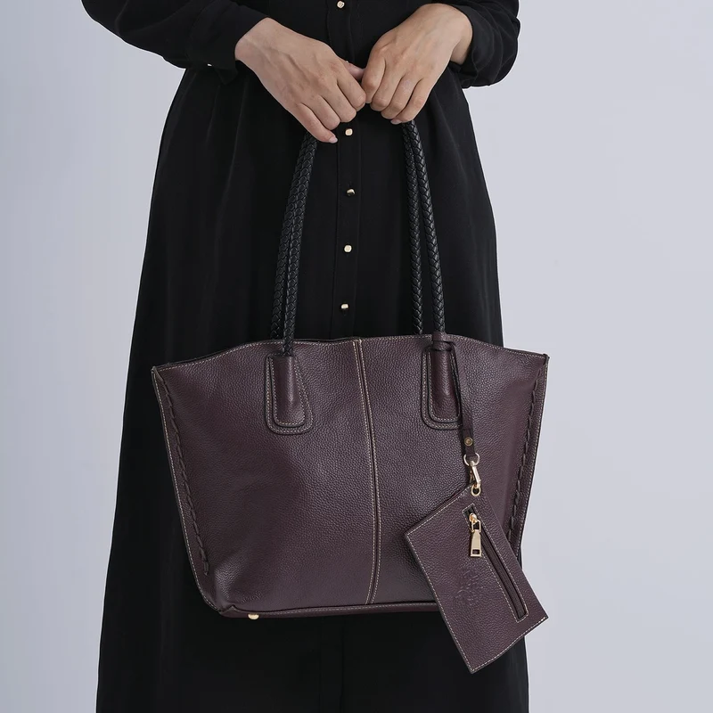 2er-Set Echtleder-Shopper, stilvolle Handtaschen mit passendem Reißverschluss-Etui, Bordeaux