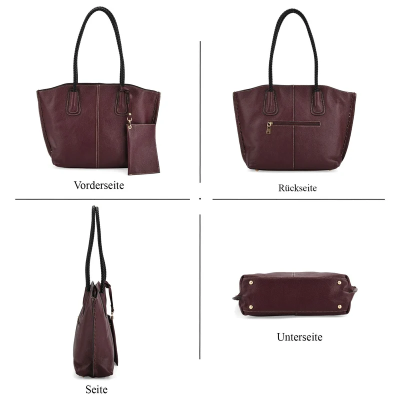 2er-Set Echtleder-Shopper, stilvolle Handtaschen mit passendem Reißverschluss-Etui, Bordeaux