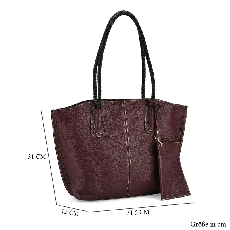 2er-Set Echtleder-Shopper, stilvolle Handtaschen mit passendem Reißverschluss-Etui, Bordeaux