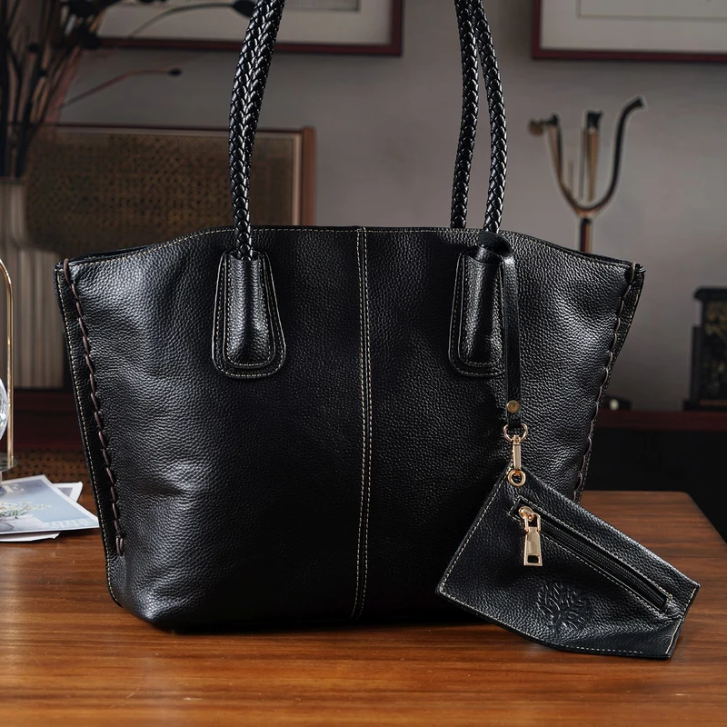 2er-Set Echtleder-Shopper, stilvolle Handtaschen mit passendem Reißverschluss-Etui, Bordeaux