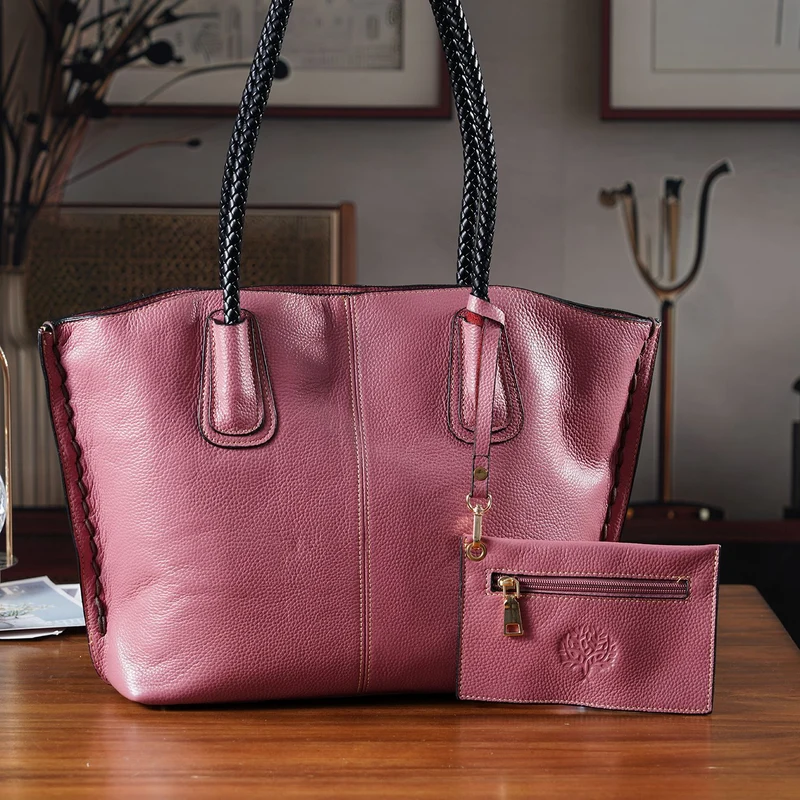 2er-Set Echtleder-Shopper, stilvolle Handtaschen mit passendem Reißverschluss-Etui, Bordeaux