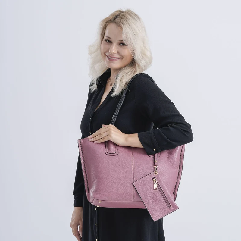 2er-Set Echtleder-Shopper, stilvolle Handtaschen mit passendem Reißverschluss-Etui, Bordeaux