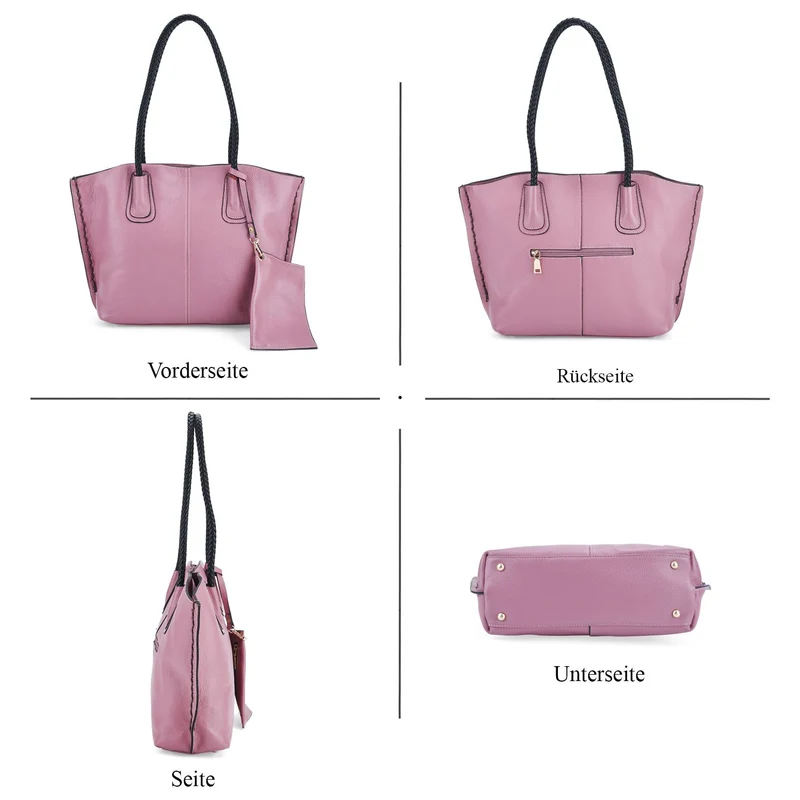 2er-Set Echtleder-Shopper, stilvolle Handtaschen mit passendem Reißverschluss-Etui, Bordeaux