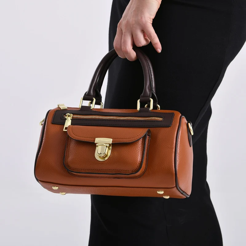 Echtleder-Duffle-Crossbody-Bag im Klassik-Design, 25,5x13x13,5 cm, Schwarz