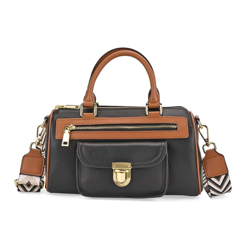 Echtleder-Duffle-Crossbody-Bag im Klassik-Design, 25,5x13x13,5 cm, Schwarz