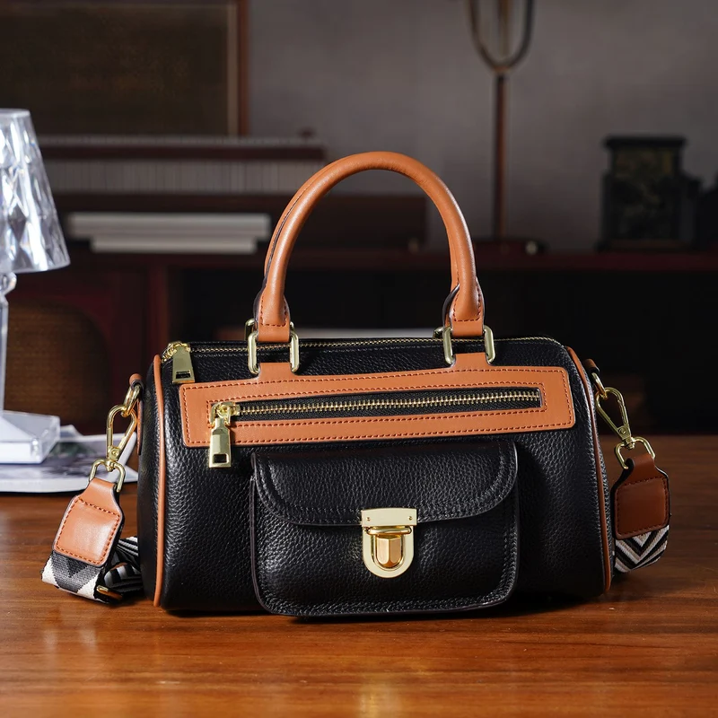 Echtleder-Duffle-Crossbody-Bag im Klassik-Design, 25,5x13x13,5 cm, Schwarz