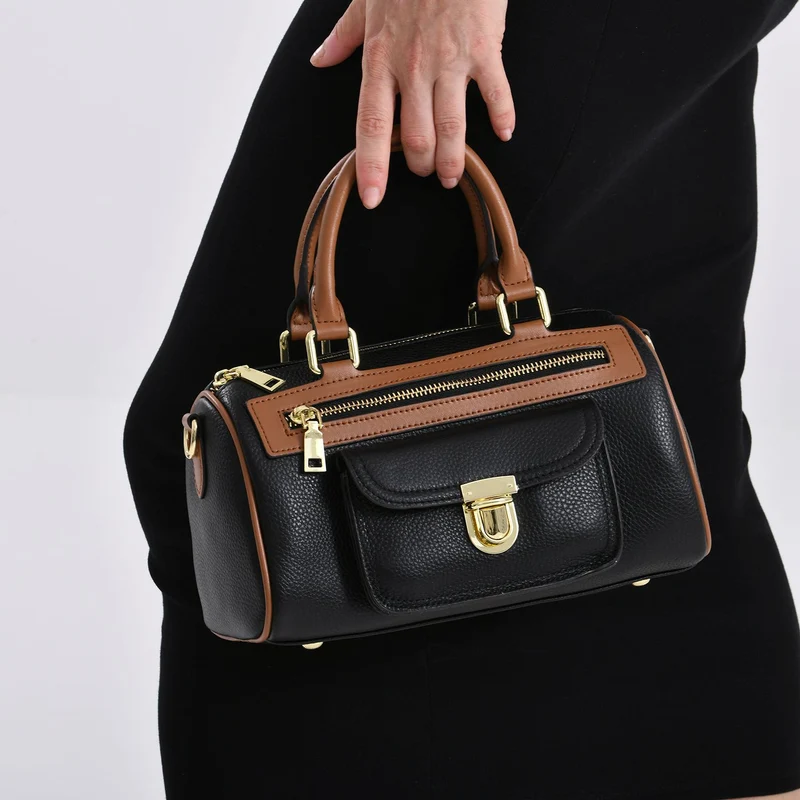 Echtleder-Duffle-Crossbody-Bag im Klassik-Design, 25,5x13x13,5 cm, Schwarz